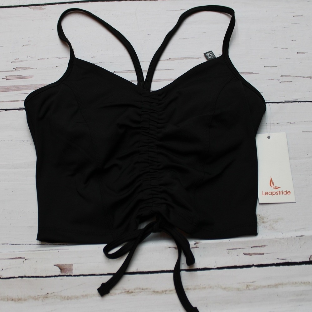 Leapstride Women Black Ruched Athletic Crop Top Bra Cami Drawstring Small